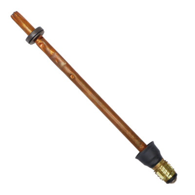Copper stem with brass threaded end with black rubber washer and brass screw with grey graphite packing and metal washer.