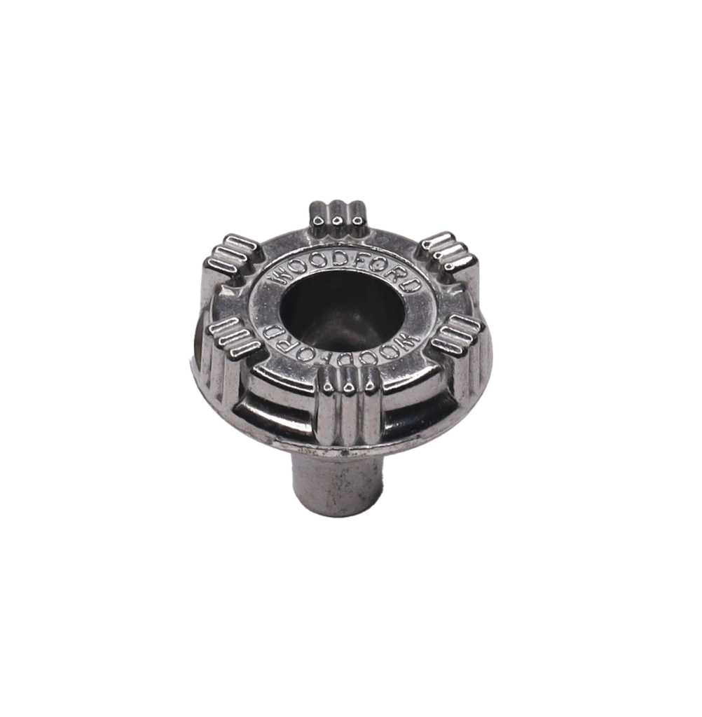 Polished round wheel metal handle.