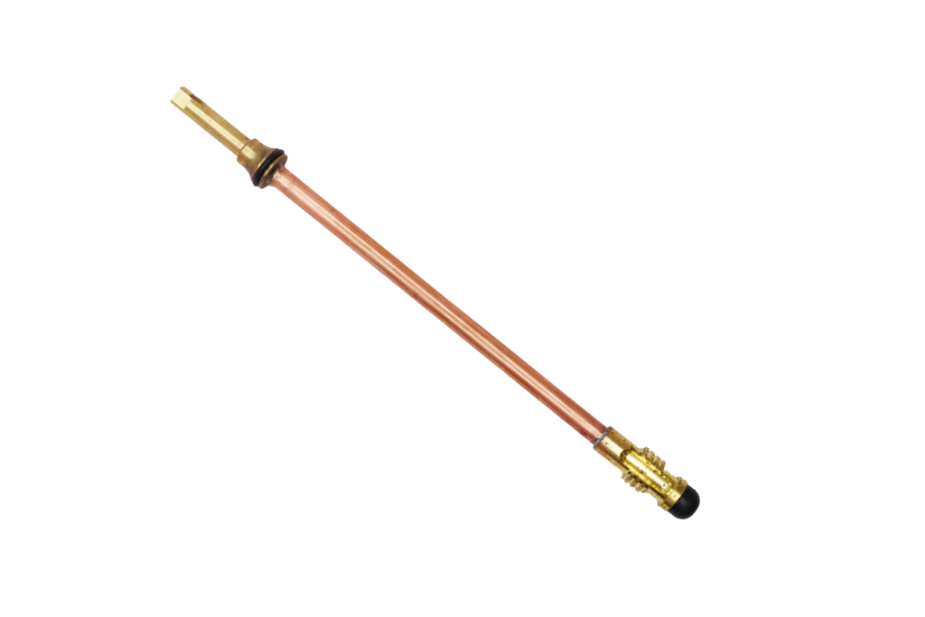 Copper stem brass threaded end with black rubber washer with brass screw.