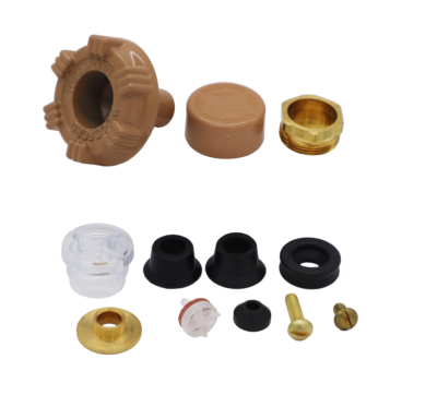 Light brown handle and cap bright brass nut washer and screws black rubber washers and plastic vacuum breaker.