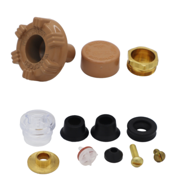 Light brown handle and cap bright brass nut washer and screws black rubber washers and plastic vacuum breaker.