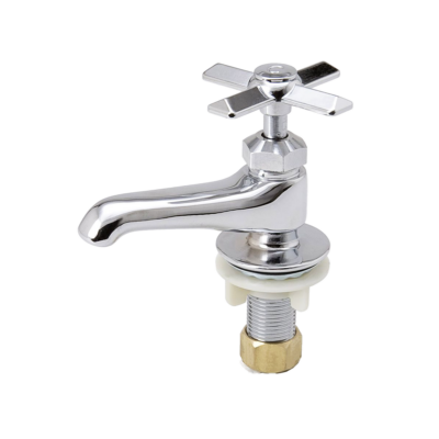 Polished chrome basin cock with cross handle and plastic basin nut.