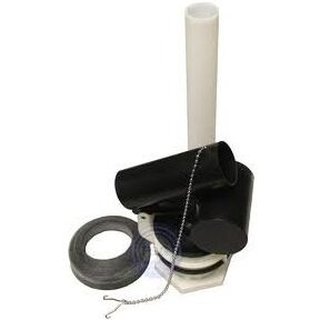 White plastic flush vale with black actuator and black rubber gasket.