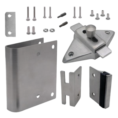 Stainless steel latch kit with metal screw driver bits stainless screws and a black rubber bumper.