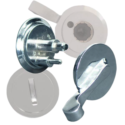 Polished chrome handle for partition doors.