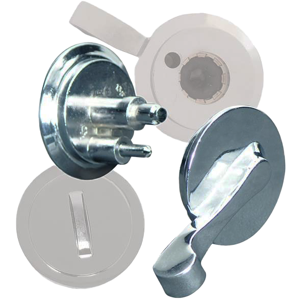 Polished chrome handle for partition doors.