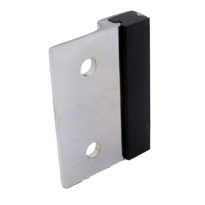 Polished chrome door strike with black rubber bumper.