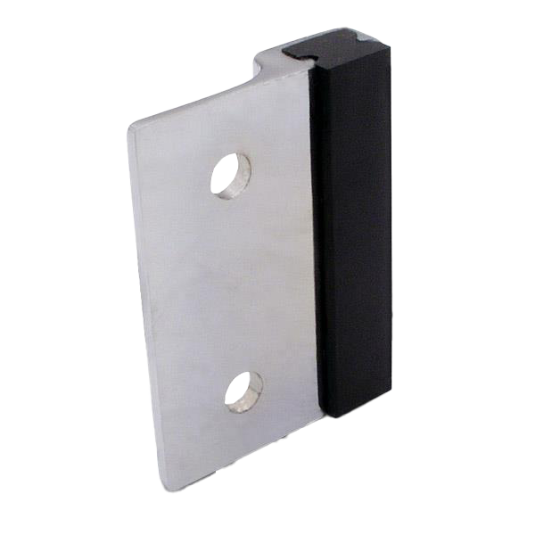 Polished chrome door strike with black rubber bumper.
