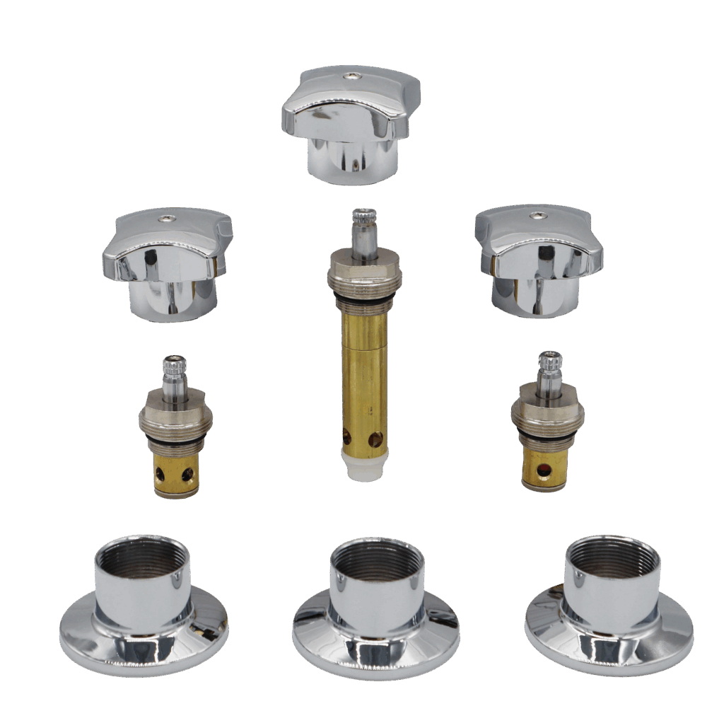 Polished chrome handles escutcheons and bonnet nuts with bright brass stems with black orings.