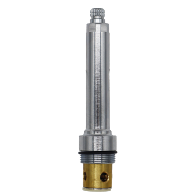 Polished chrome stem and sleeve with bright brass barrel and white seal.