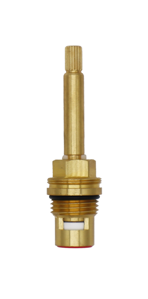 Bright brass cartridge with black rubber o-ring white ceramic discs and rubber bottom washer.