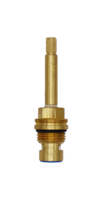 Bright brass cartridge with black rubber o-ring white ceramic discs and blue rubber bottom seal.