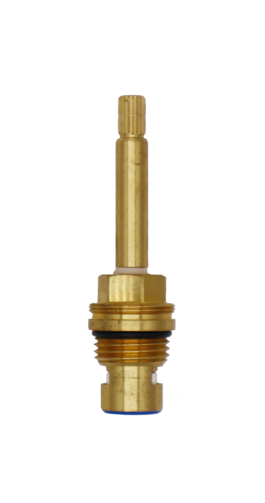Bright brass cartridge with black rubber o-ring white ceramic discs and blue rubber bottom seal.