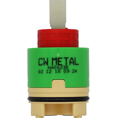 Lime green plastic cartridge with red limit stop white square handle connection black rubber o-ring tan bottom with black rubber seals.