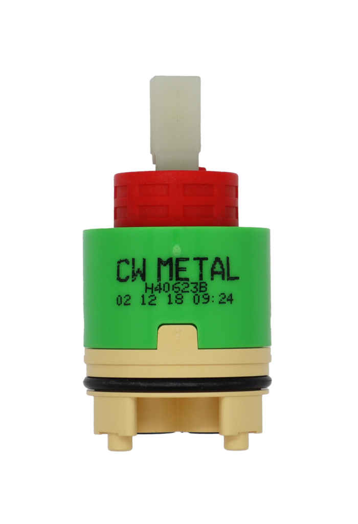 Lime green plastic cartridge with red limit stop white square handle connection black rubber o-ring tan bottom with black rubber seals.