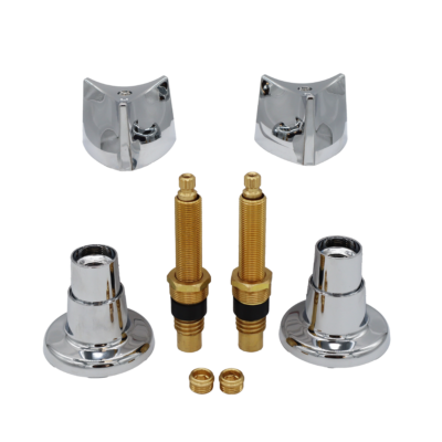 Polished chrome handles & escutcheons with bright brass stems and faucet seats.