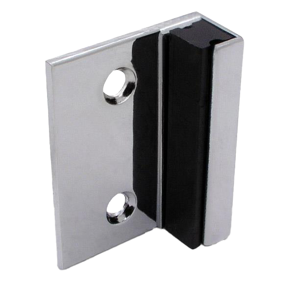 Polished chrome strike and keeper with screw holes and black rubber bumper.