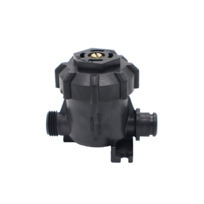 Black plastic strainer with brass stem rubber o-rings with stainless screen and spring.