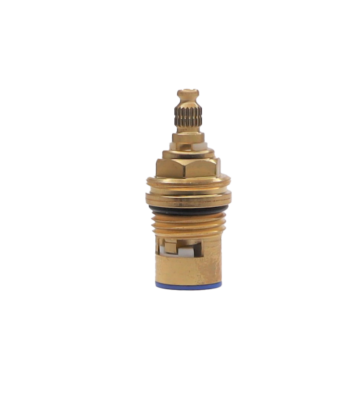 Bright brass cartridge with white ceramic discs and blue seal.