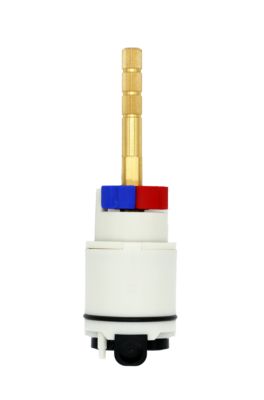 White plastic cartridge with red and blue limit stops brass stem and black o-ring and seal on the bottom.