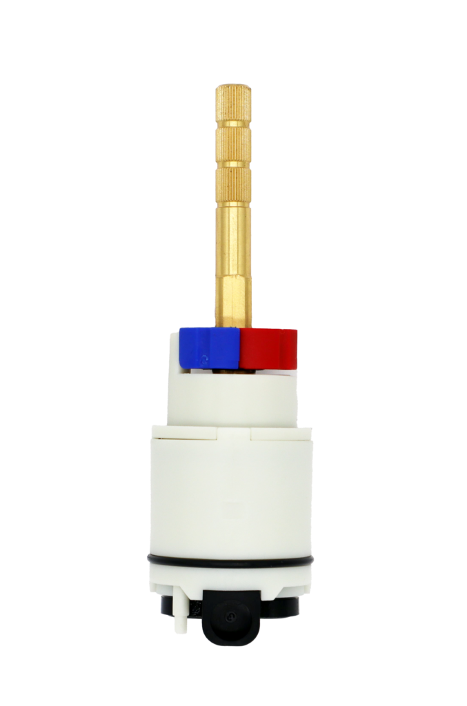 White plastic cartridge with red and blue limit stops brass stem and black o-ring and seal on the bottom.