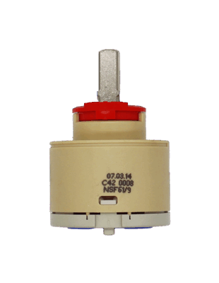 Tan and grey plastic cartridge with red limit stop and square metal handle connection with blue rubber bottom seal.