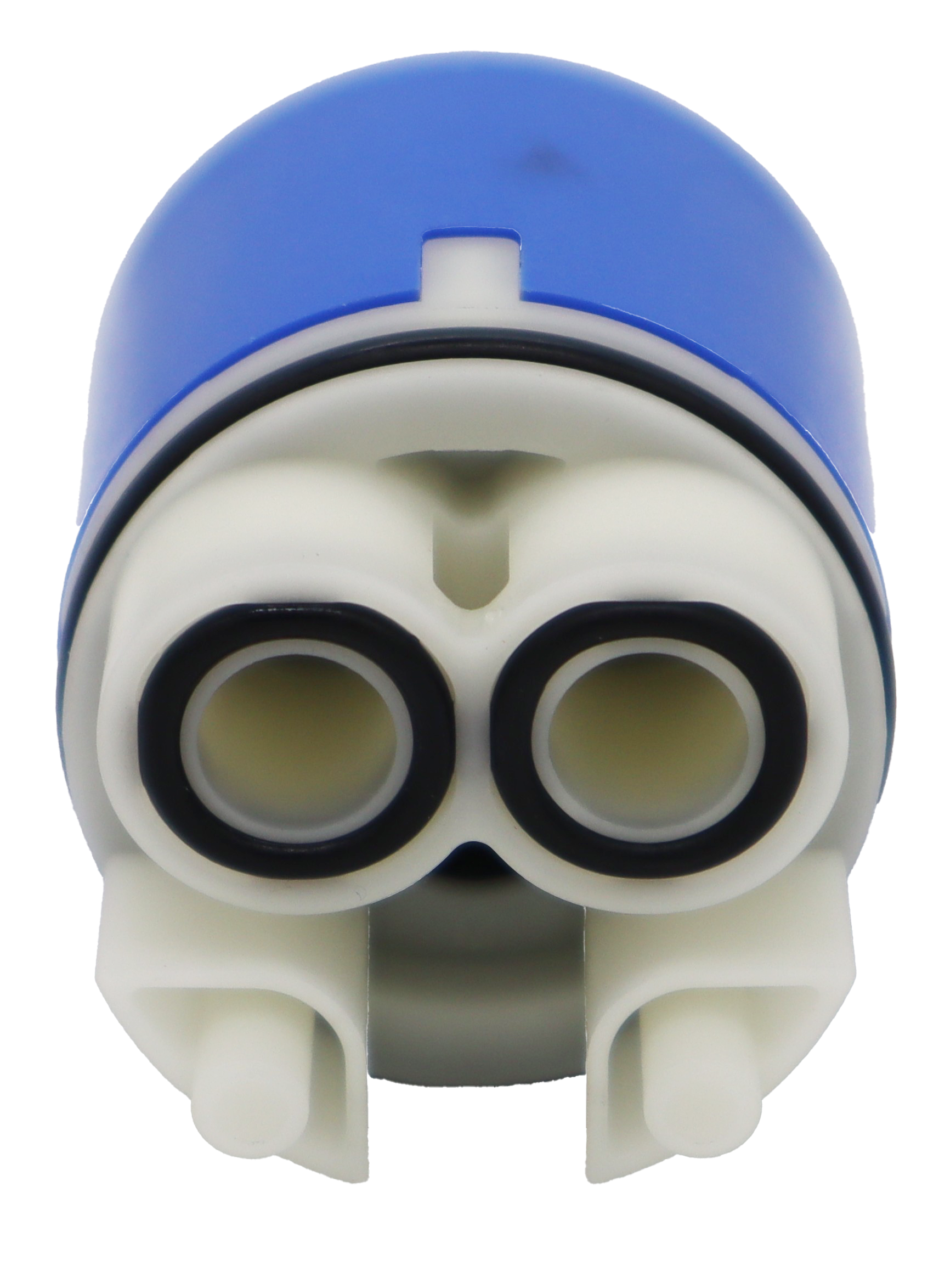 Blue plastic cartridge with white square handle connection black orings and white bottom.