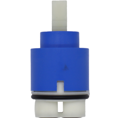 Blue plastic cartridge with white square handle connection black orings and white bottom.