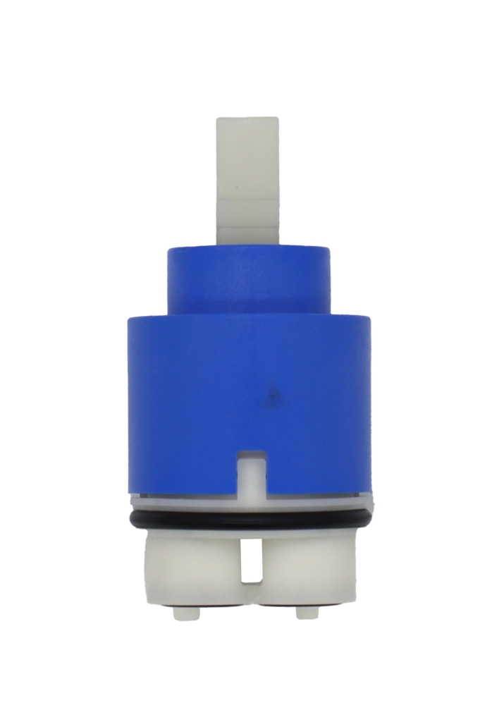 Blue plastic cartridge with white square handle connection black orings and white bottom.