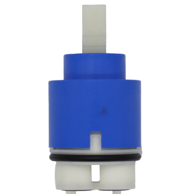 Blue plastic cartridge with white square handle connection black orings and white bottom.