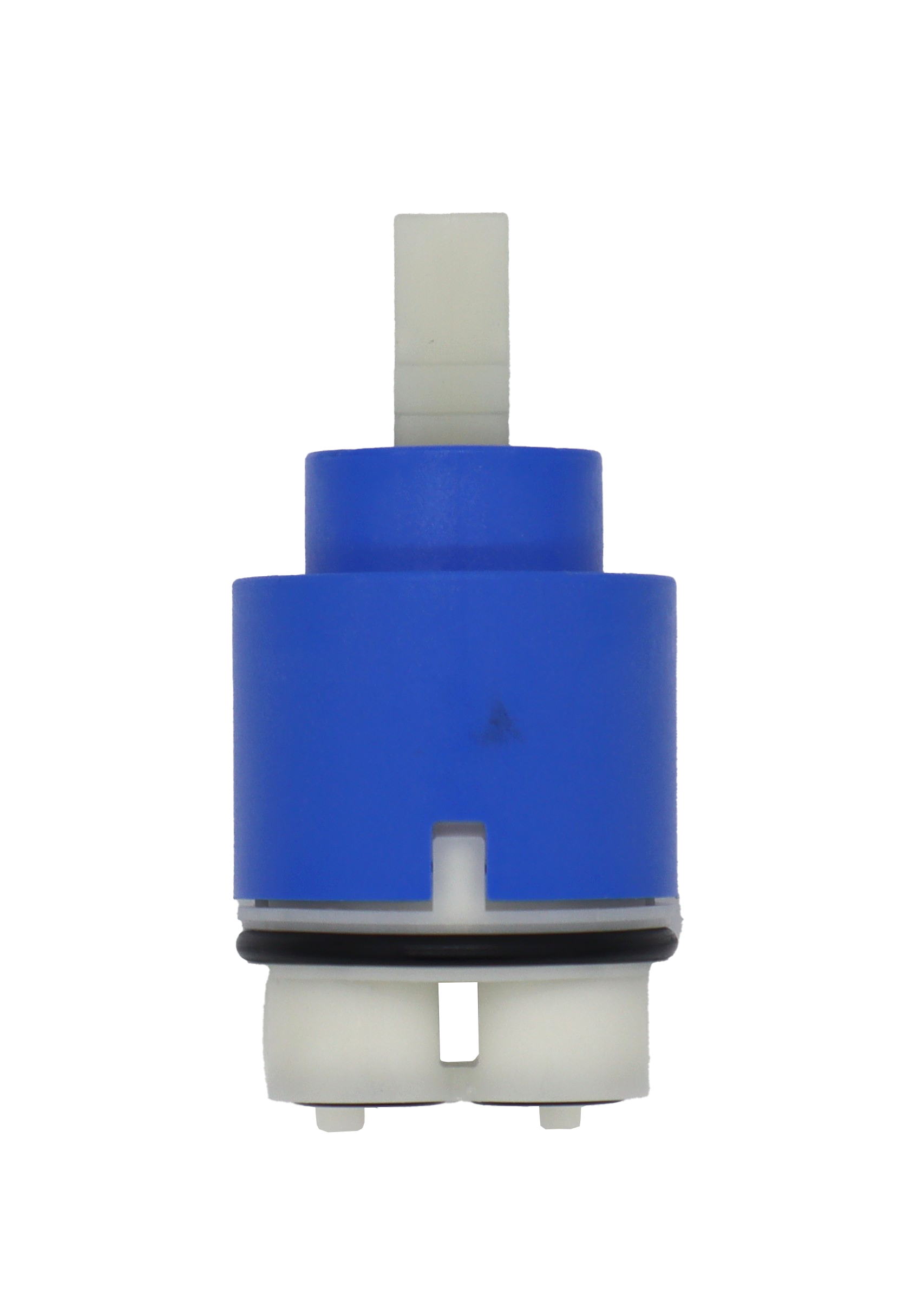 Blue plastic cartridge with white square handle connection black orings and white bottom.