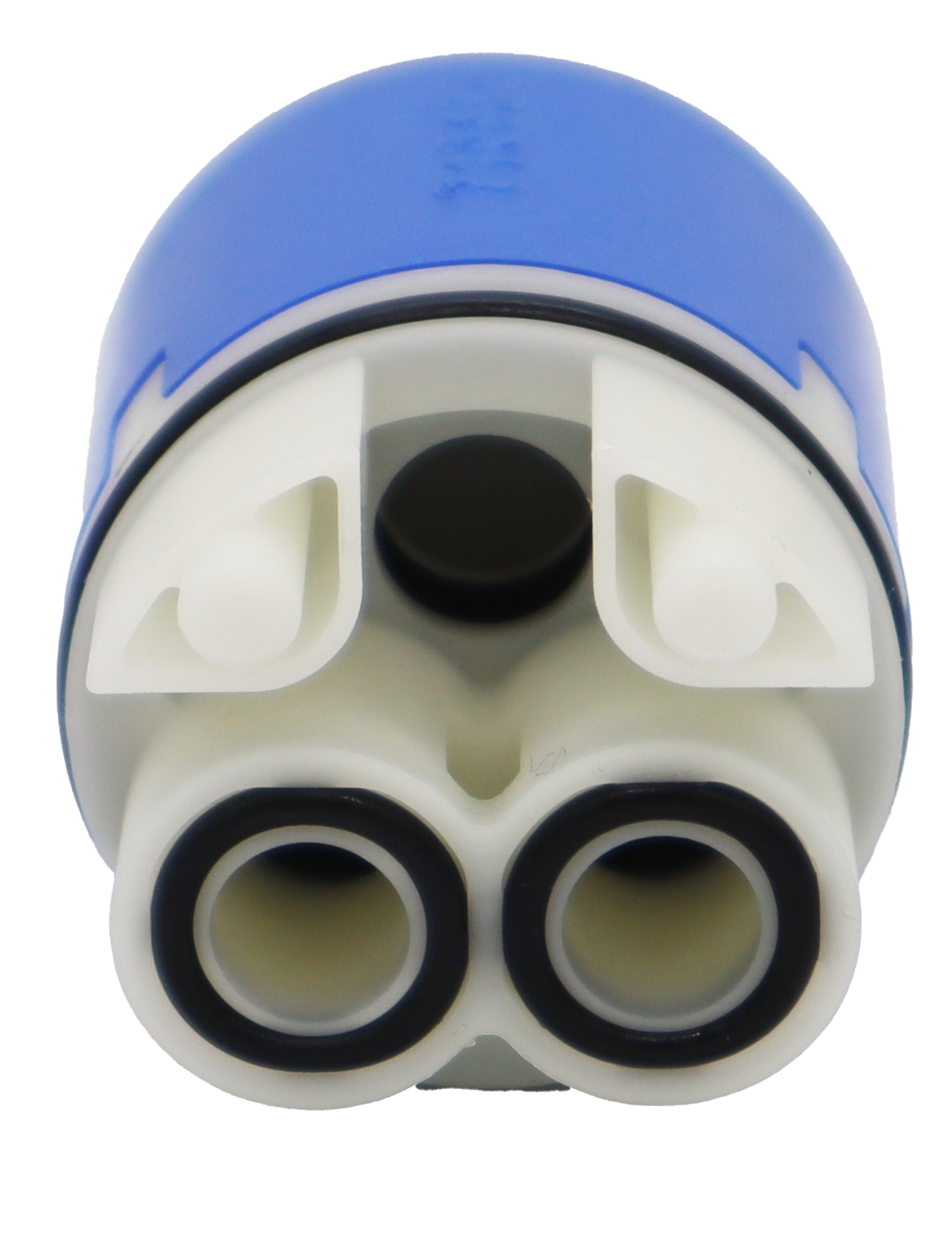 Blue plastic cartridge with white square handle connection black orings and white bottom.