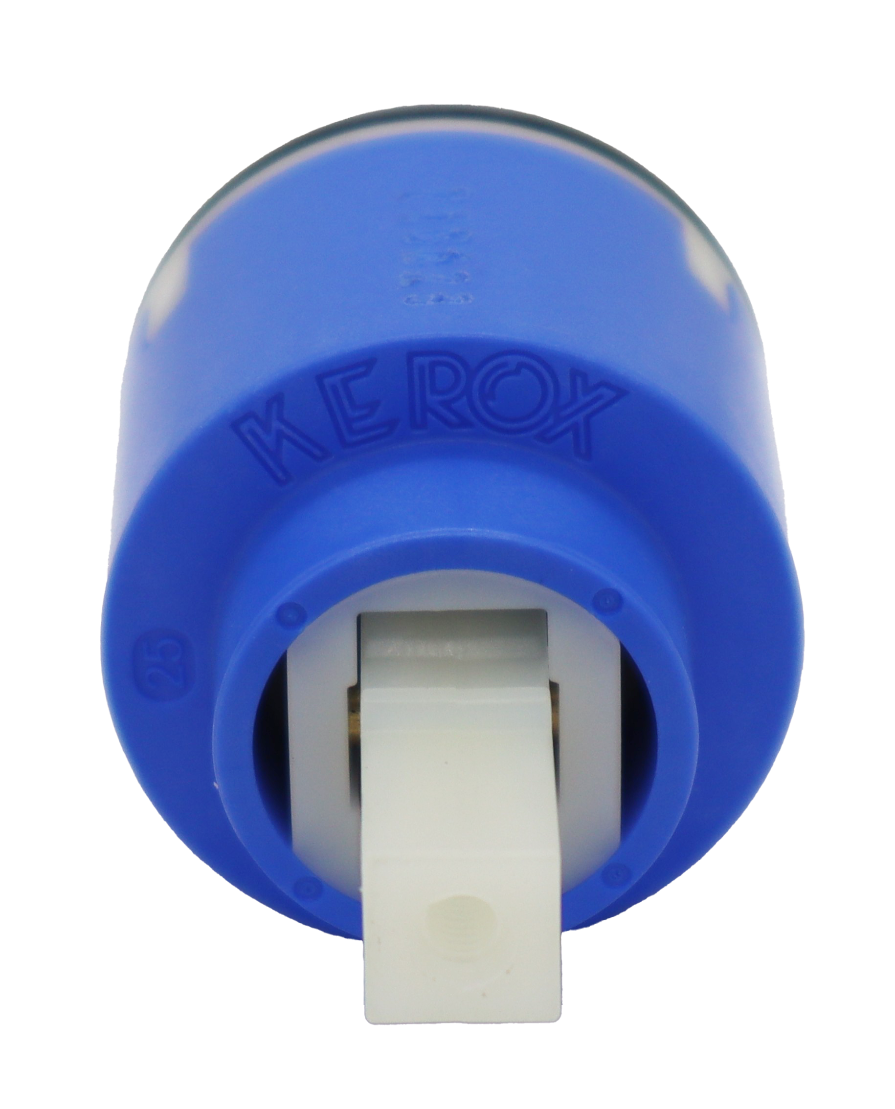 Blue plastic cartridge with white square handle connection black orings and white bottom.