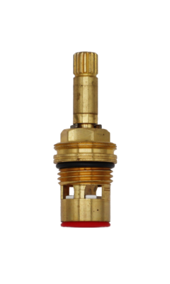 Bright brass cartridge with metal clip black rubber o-ring white ceramic discs and red rubber washer.