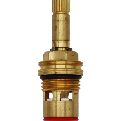 Bright brass cartridge with metal clip black rubber o-ring white ceramic discs and red rubber washer.