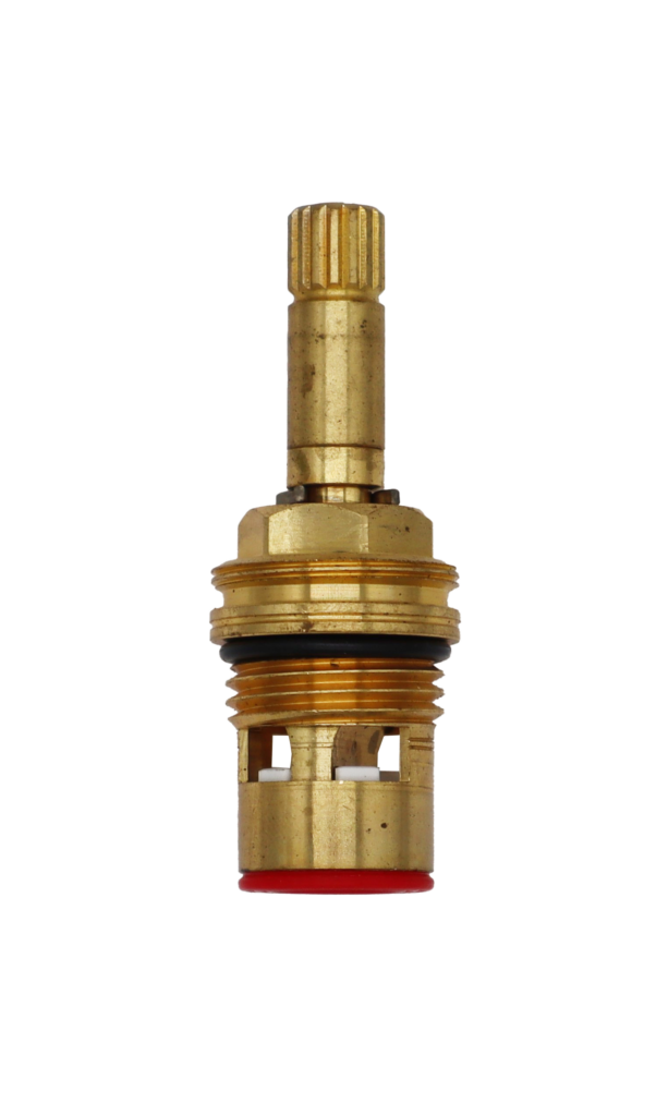 Bright brass cartridge with metal clip black rubber o-ring white ceramic discs and red rubber washer.
