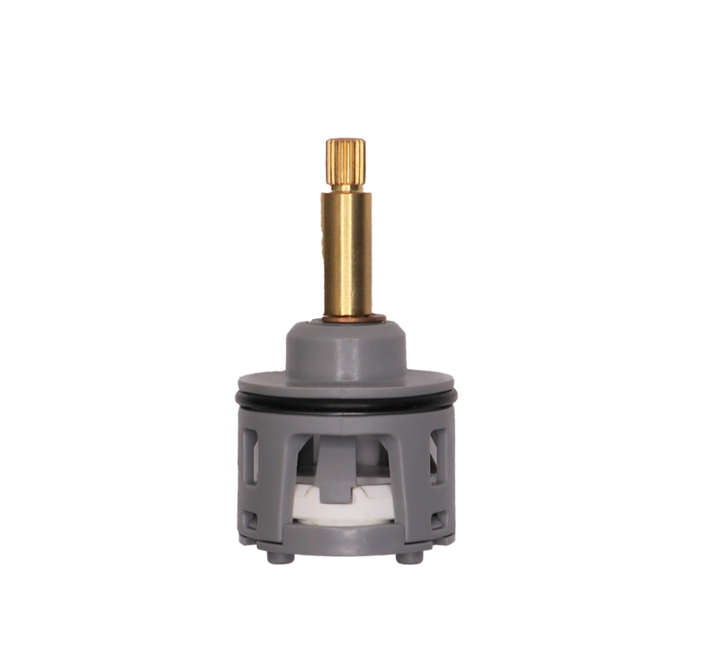 Grey plastic cartridge brass stem white ceramic discs black rubber o-rings and seals.