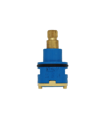 h22320 bright blue plastic cartridge with brass stem tan bottom black o-ring and blue rubber seal.