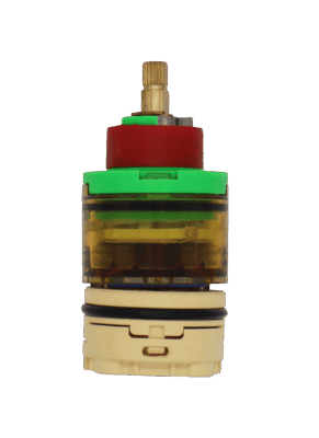 Light brown clear plastic cartrdige with green top red limit stop brass stem black rubber o-ring and tan bottom with blue seal.
