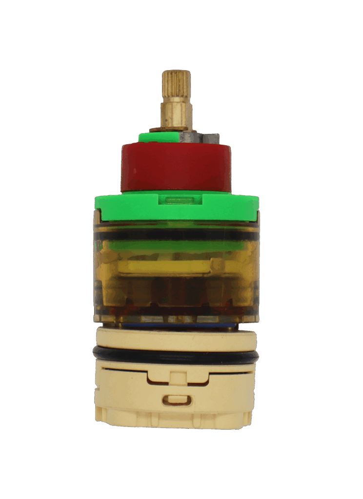 Light brown clear plastic cartrdige with green top red limit stop brass stem black rubber o-ring and tan bottom with blue seal.