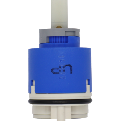 Bright blue plastic cartridge with grey limit stop square white plastic handle connection grey bottom black rubber o-ring and seal with UP printed in black.