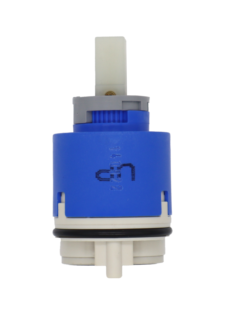 Bright blue plastic cartridge with grey limit stop square white plastic handle connection grey bottom black rubber o-ring and seal with UP printed in black.