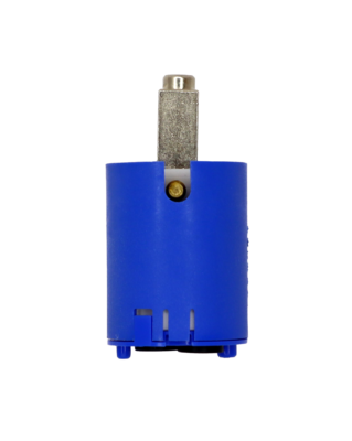 Bright blue plastic body with chrome stem ceramic discs and blac rubber rings.