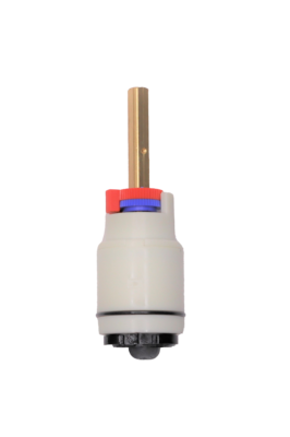 White plasti cartridge with red and blue limit stop square brass handle connection black rubber o-ring and black rubber seals.