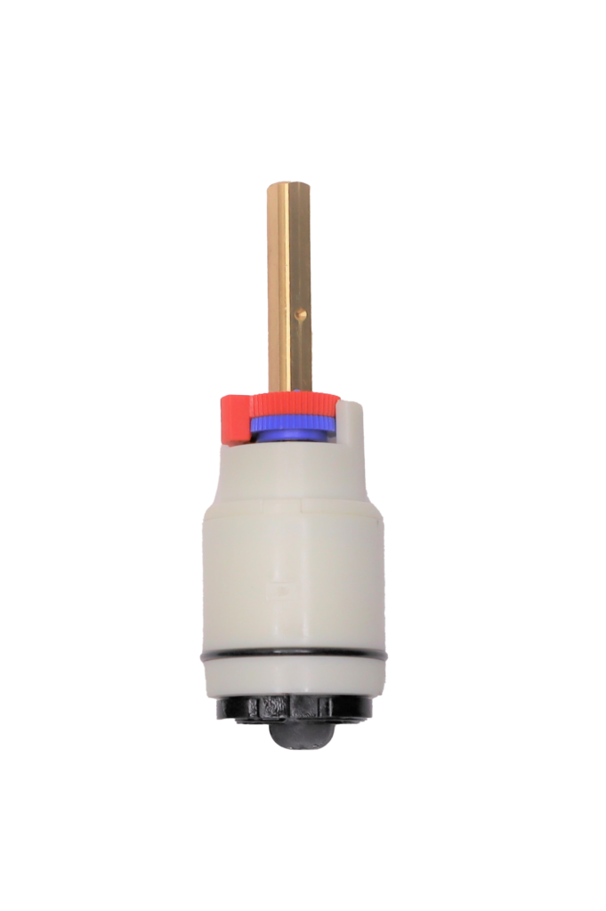 White plasti cartridge with red and blue limit stop square brass handle connection black rubber o-ring and black rubber seals.