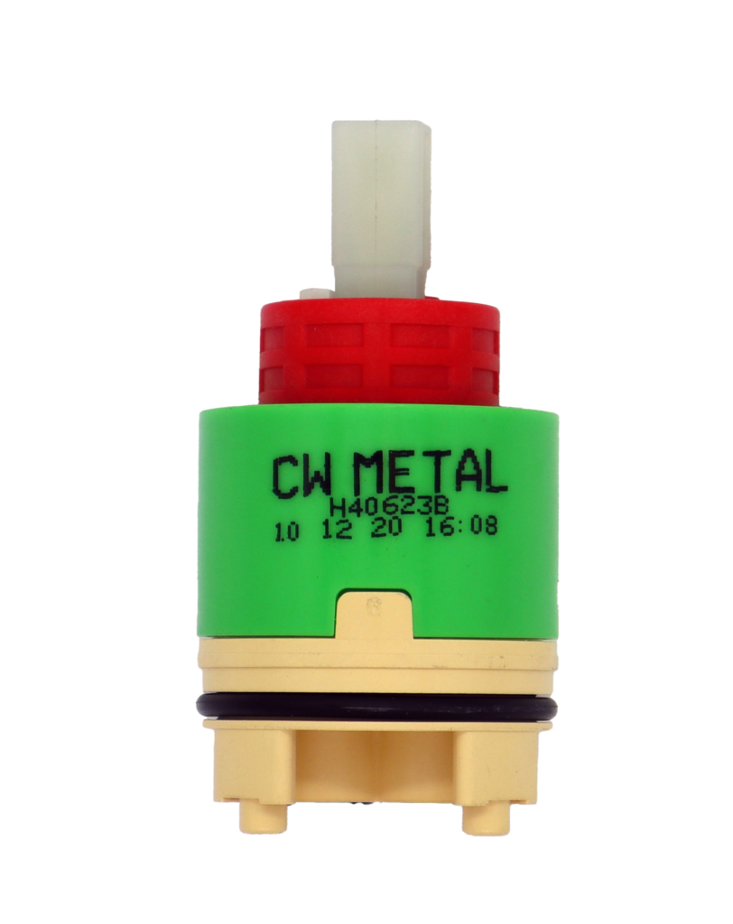 Bright green and tan plastic cartridge with red limit stop white plastic square handle connection and black rubber seals.