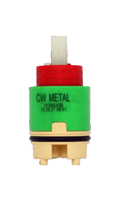 Green and tan plastic cartridge with red limit stop with white square handle connection with black rubber o-ring and black bottom seals.
