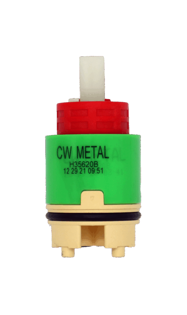 Green and tan plastic cartridge with red limit stop with white square handle connection with black rubber o-ring and black bottom seals.