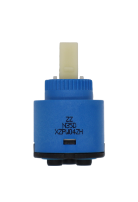 Bright blue plastic cartridge with white plastic handle connection with black bottom and light blue ruber seals n35d printed on the cartridge.