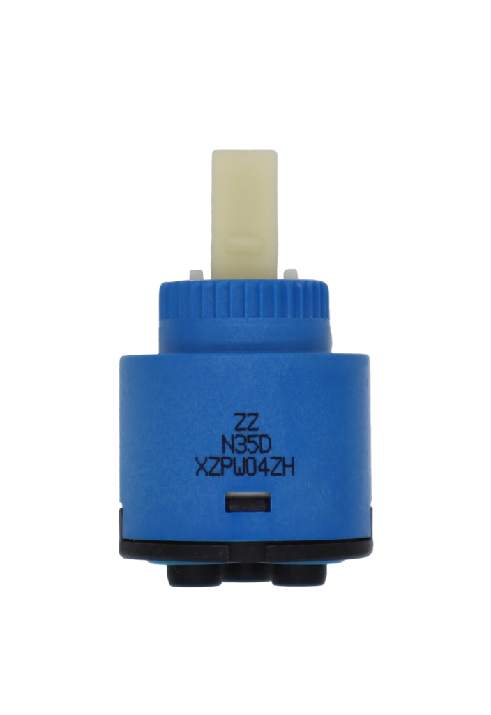 Bright blue plastic cartridge with white plastic handle connection with black bottom and light blue ruber seals n35d printed on the cartridge.